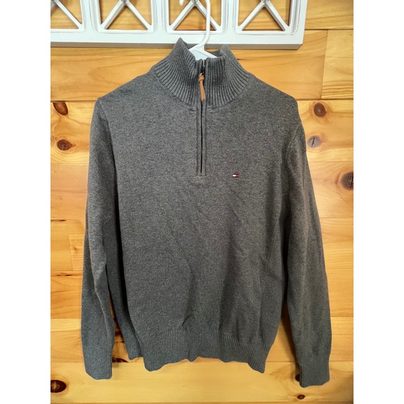 Tommy Hilfiger Mens Quarter Zip Sweater Grey Cotton Pullover Leather Pull Size M - Picture 2 of 9